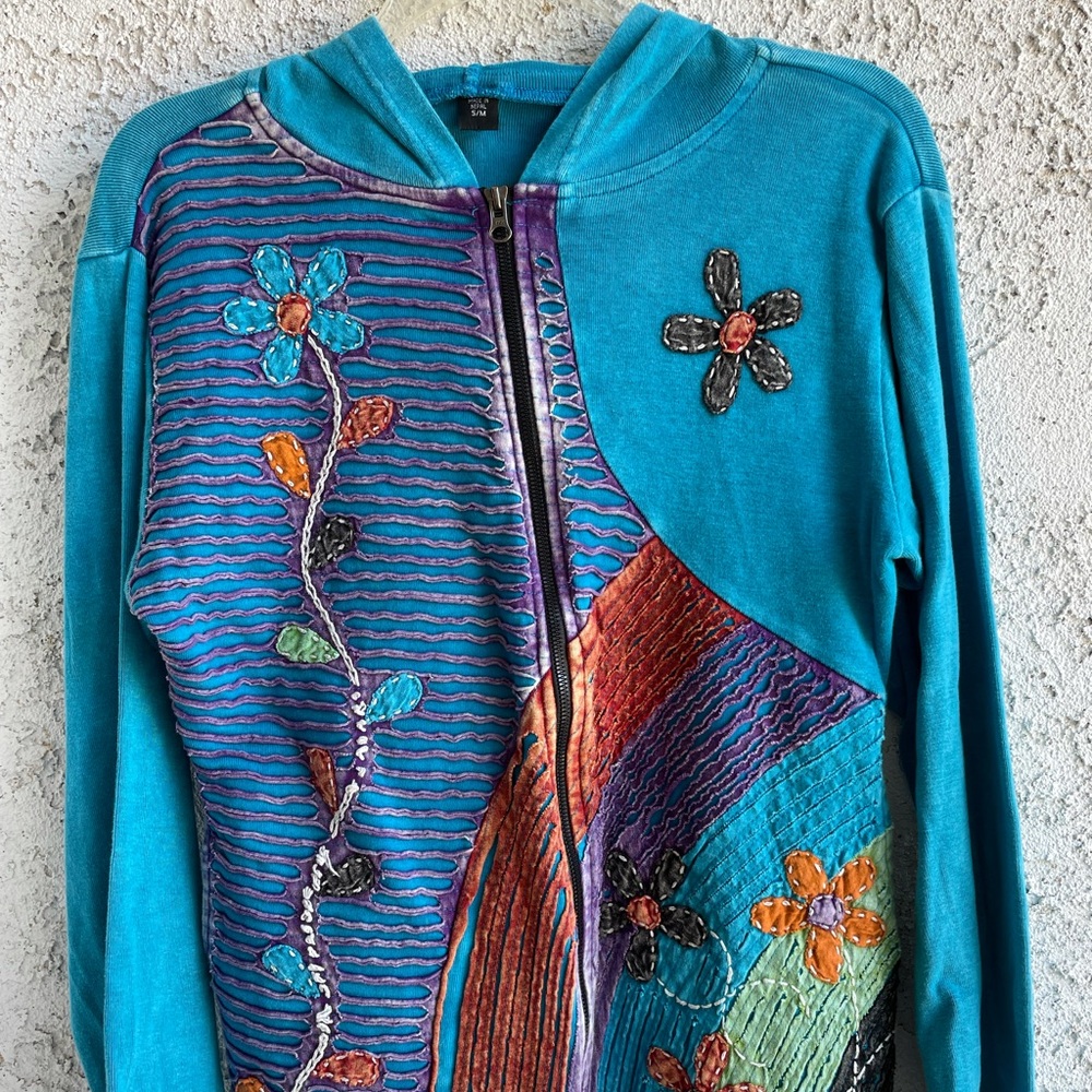 Teal Floral Embroidered Hoodie